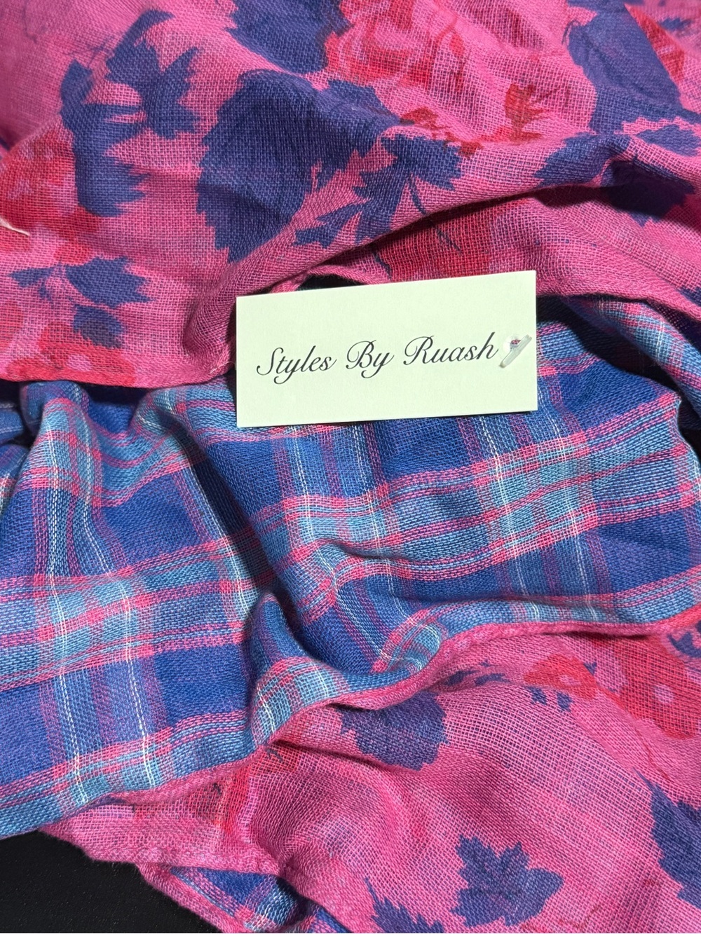 NWT Reversible Infinity Scarf Pink & Blue Floral Plaid - Styles by Ruash Y2K